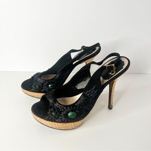 DIOR paradise black embroidered suede & straw heels (Sz 37.5)
